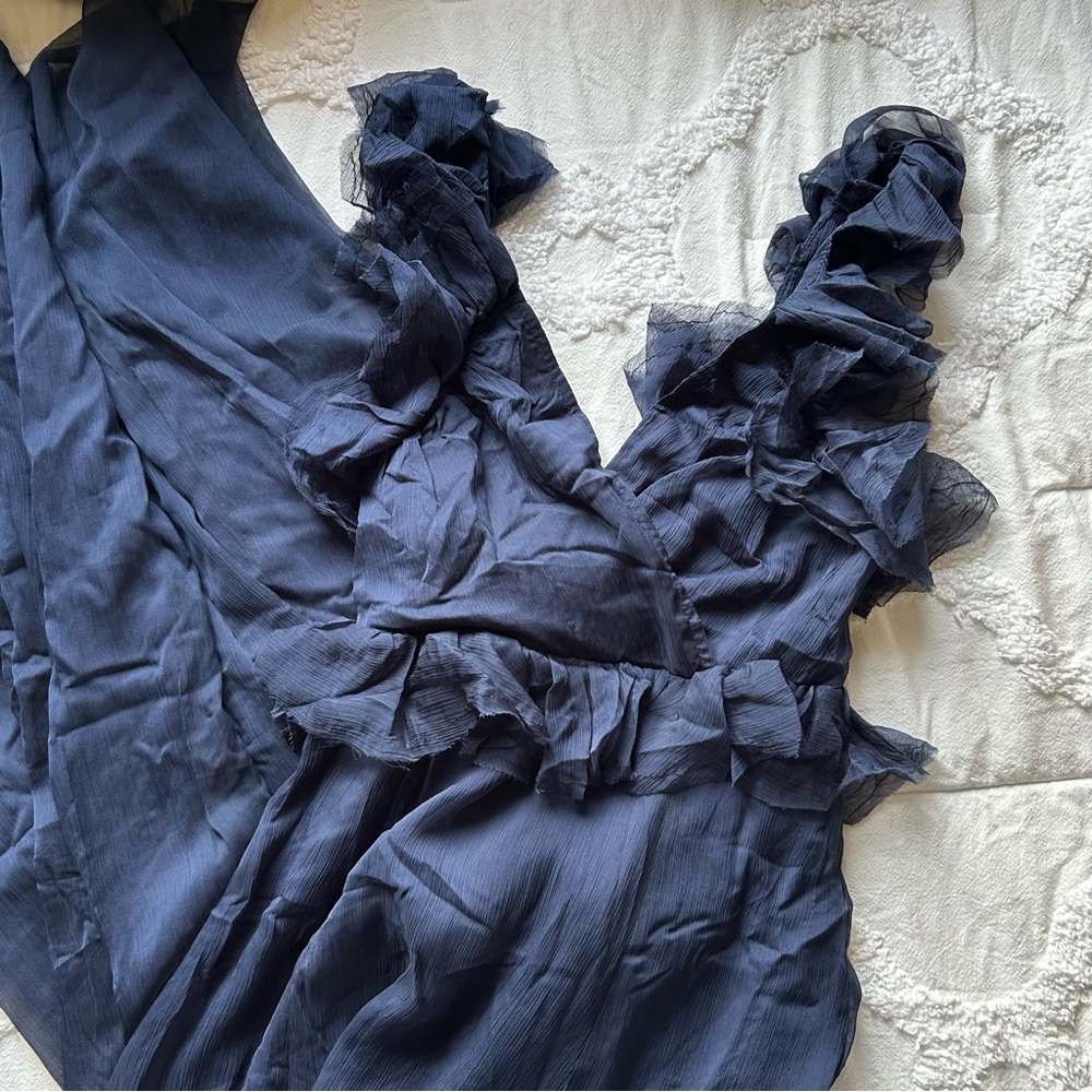 NWT Lulus Navy blue Ruffle Chiffon Dress - Picture 4 of 8